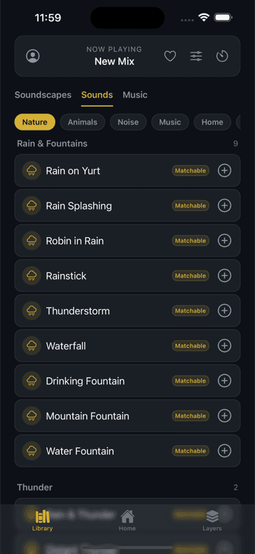 Tinnitus Masking Sounds tinnitus sound masking app, sound library with customizable nature sounds