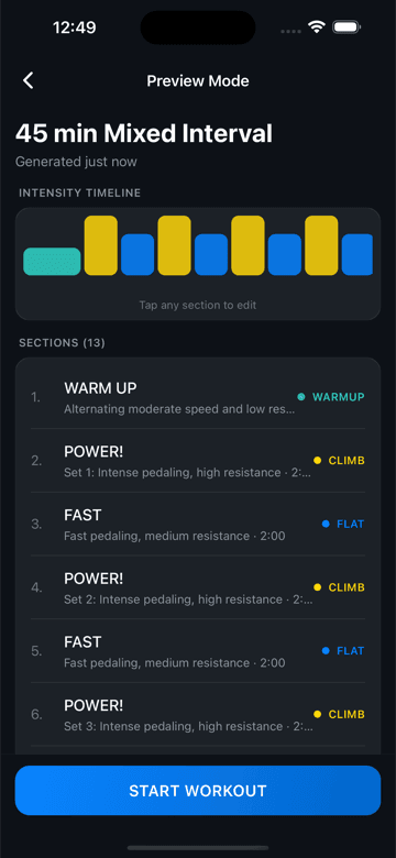 Cycling Beats cycling workout app, 45-minute mixed interval session with intensity timeline